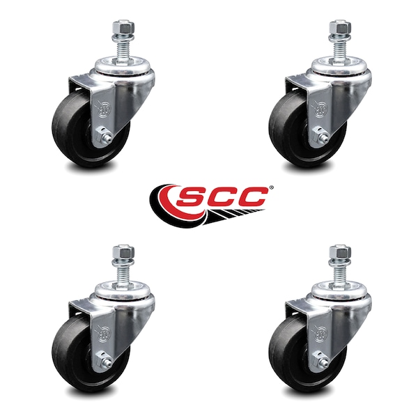 3 Inch Soft Rubber Wheel Swivel 3/8 Inch Threaded Stem Caster Set